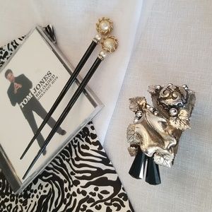 Vintage Sterling Silver Cuff Bracelet, Two Hair Pins & Dennis Basso Scarf, $50